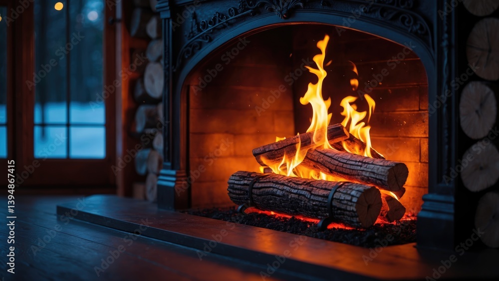 Comfortable fire pit with glowing wood