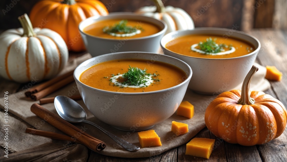 Savory pumpkin soup made at home in a bowl Savory pumpkin soup made at home in a bowl