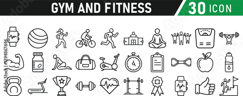 Gym and fitness 30 icon set. Healthy lifestyle, weight training, body care, and workout or exercise equipment are icons. Icons vector collection.