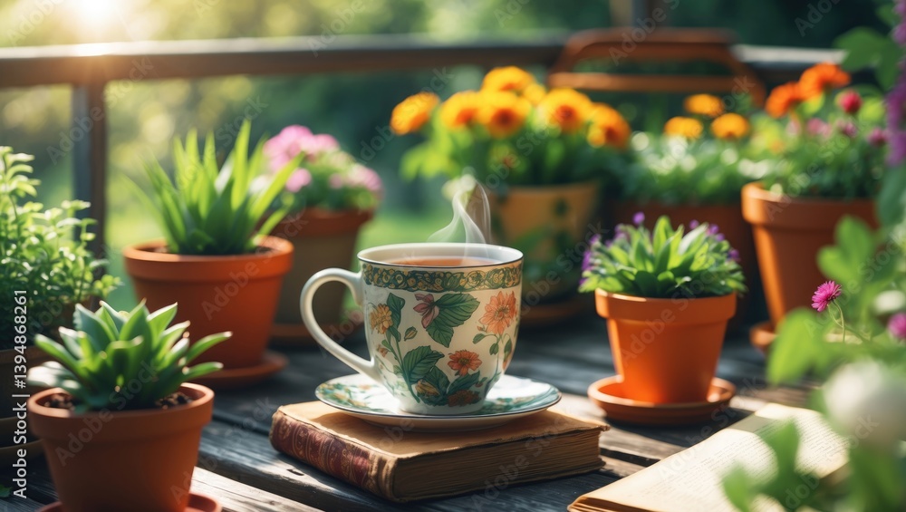 Charming summer balcony adorned with numerous potted plants, a cup of tea, and a classic vintage book