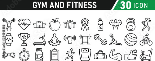 Gym and fitness 30 icon set. Healthy lifestyle, weight training, body care, and workout or exercise equipment are icons. Icons vector collection.