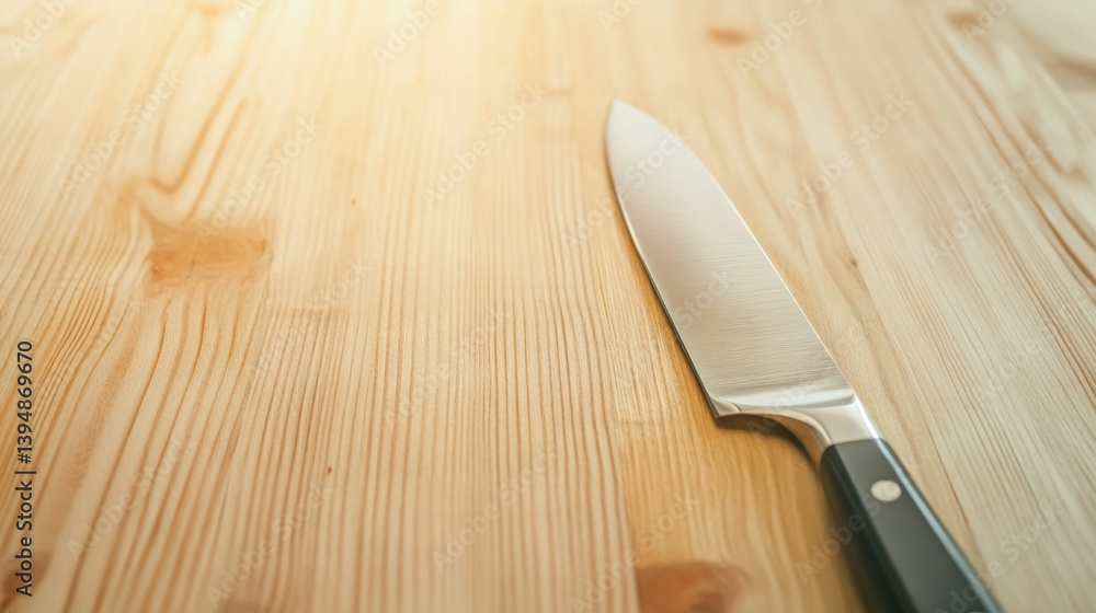 Stainless steel chef knife on wooden surface Stainless steel chef knife on wooden surface