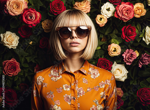 A young woman with a stylish bob and trendy sunglasses, set against a backdrop of vibrant roses.