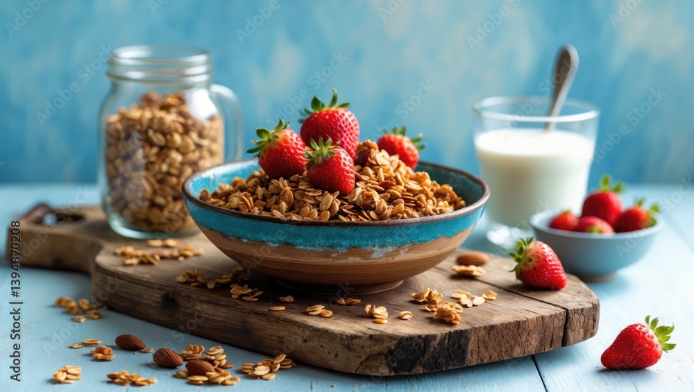 Granola served in a bowl with strawberries and a blank backdrop.