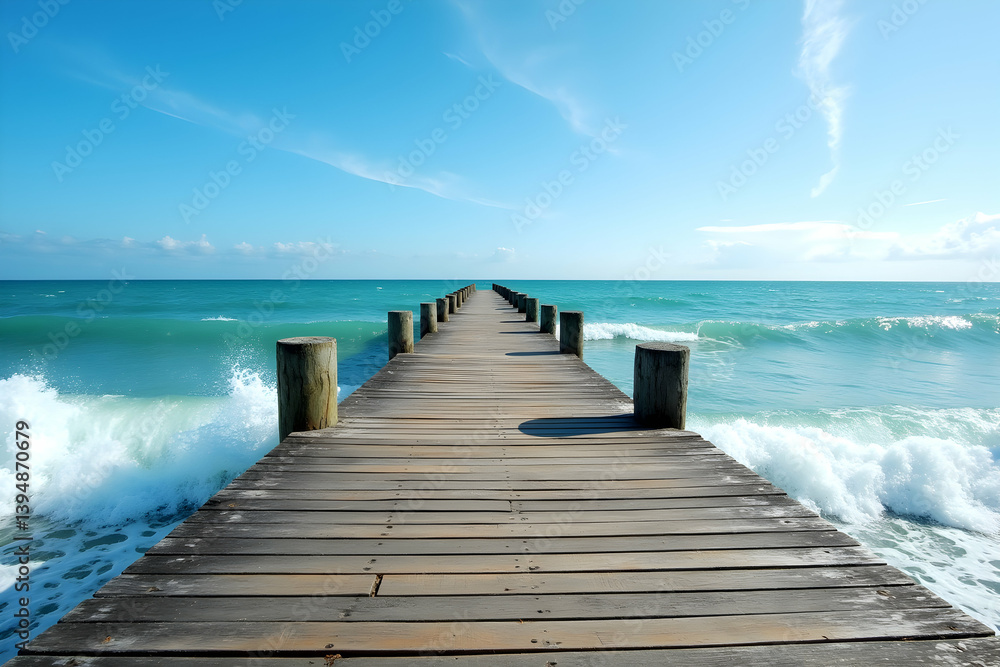 Obraz premium A Serene Escape, Capturing the Tranquility of a Weathered Wooden Pier Extending into the Turquoise Expanse of the Ocean Under a Clear Blue Sky