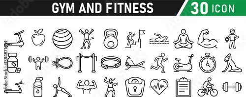 Gym and fitness 30 icon set. Healthy lifestyle, weight training, body care, and workout or exercise equipment are icons. Icons vector collection.