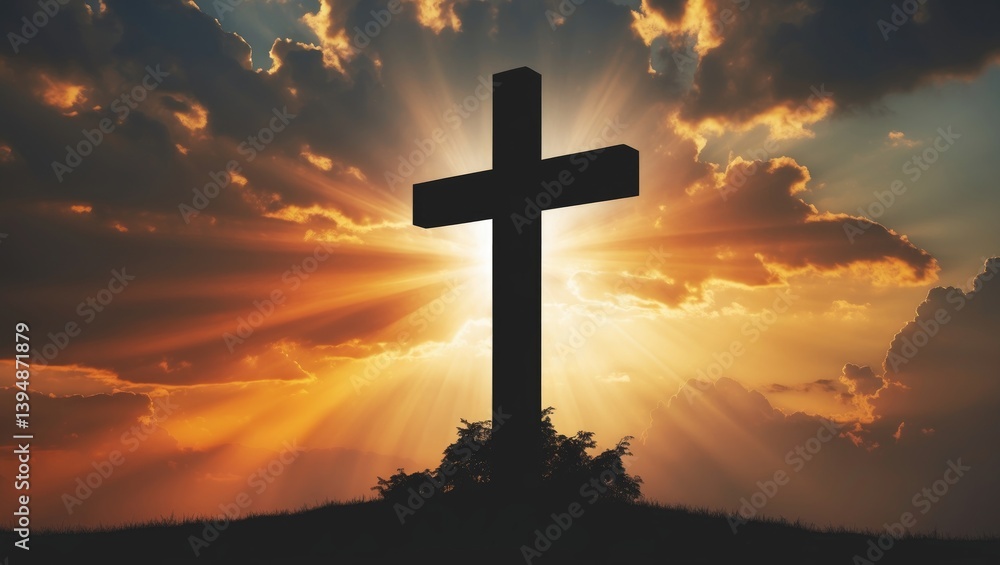 Skyward Cross. Intense Natural Backdrop. Illumination from Above. Spiritual Context.