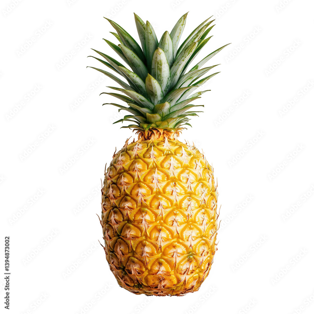 Fresh pineapple on a white background with a transparent cut out showcasing its textured skin and green crown, ideal for culinary uses, tropical themes, or fruit-related designs, perfect for summer Fresh pineapple on a white background with a transparent cut out showcasing its textured skin and green crown, ideal for culinary uses, tropical themes, or fruit-related designs, perfect for summer
