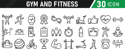 Gym and fitness 30 icon set. Healthy lifestyle, weight training, body care, and workout or exercise equipment are icons. Icons vector collection.
