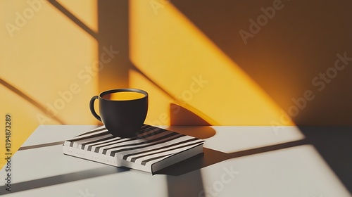 A bold graphic book, a striped muffaral, and a matte black cup on a minimalist table 