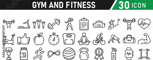 Gym and fitness 30 icon set. Healthy lifestyle, weight training, body care, and workout or exercise equipment are icons. Icons vector collection.