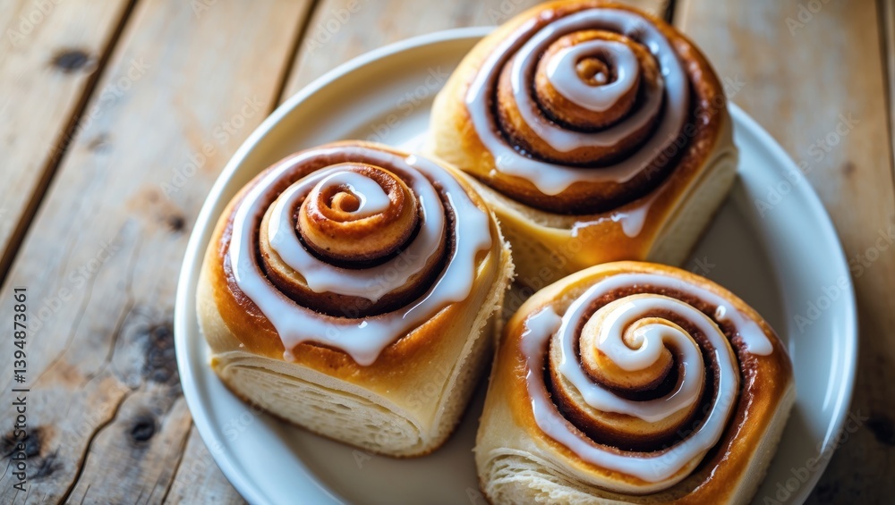 Fototapeta premium Wooden table featuring a plate of cinnamon rolls