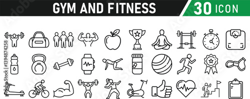 Gym and fitness 30 icon set. Healthy lifestyle, weight training, body care, and workout or exercise equipment are icons. Icons vector collection.