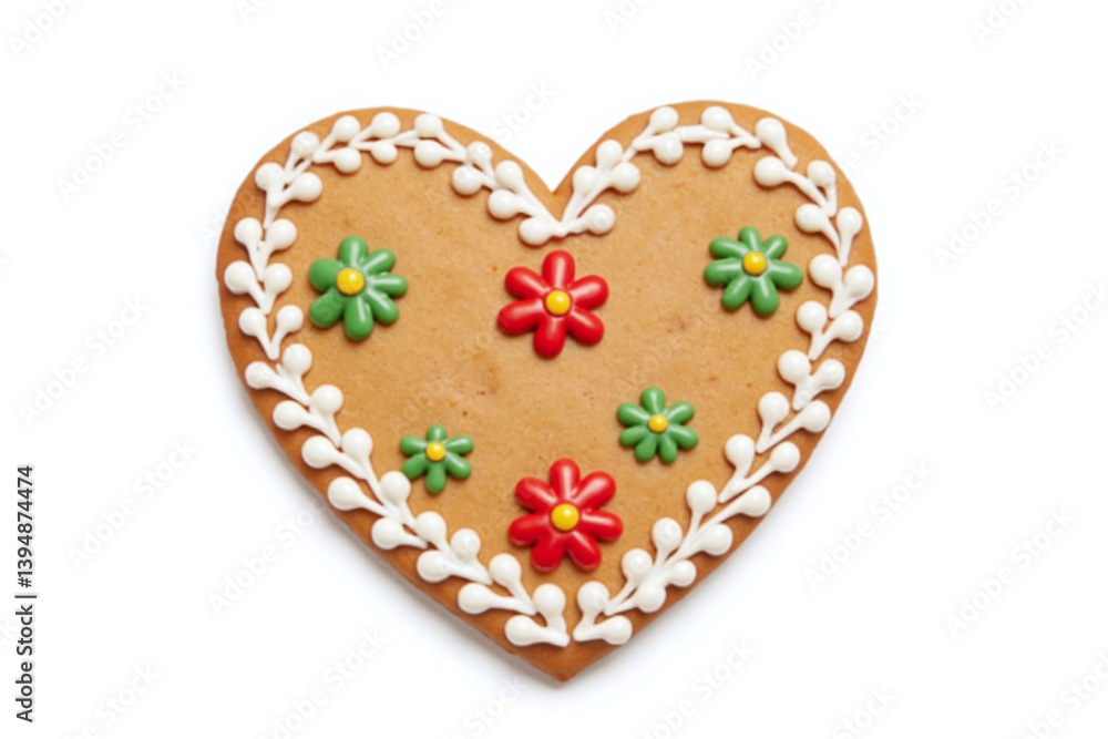heart shaped gingerbread cookie with white icing and red flowers heart shaped gingerbread cookie with white icing and red flowers