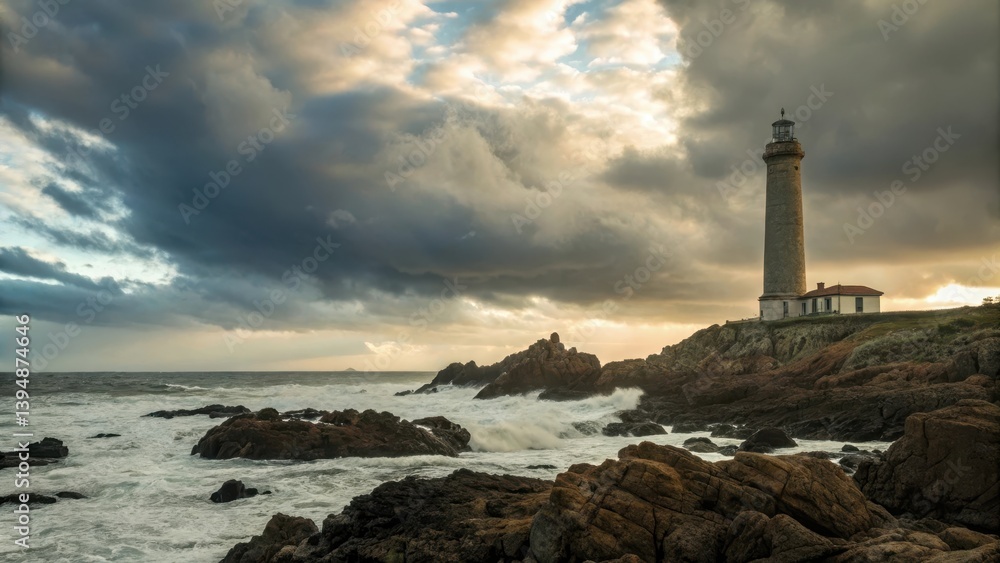 Majestic lighthouse towering over rocky coastline under dramatic skies. Majestic lighthouse towering over rocky coastline under dramatic skies.