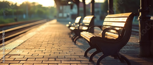 Sunlit train platform with long shadows and empty benches suggests waiting, transition, and fleeting moments.