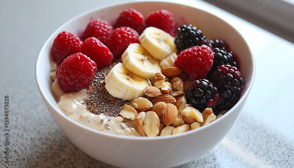 Morning meal bowl with berries, bananas, and assorted nuts for a health boost. Morning meal bowl with berries, bananas, and assorted nuts for a health boost.