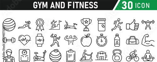 Gym and fitness 30 icon set. Healthy lifestyle, weight training, body care, and workout or exercise equipment are icons. Icons vector collection.