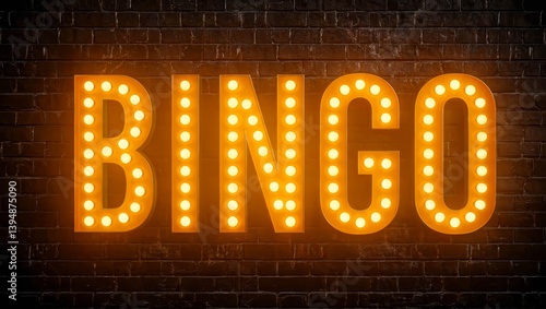 Neon Sign on Brick Wall background - Bingo.