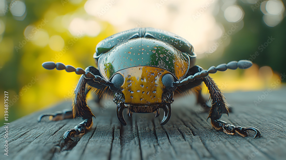 Photography capturing a beetle crawling over a wooden surface, its metallic green exoskeleton shimmering in the sun’s rays.