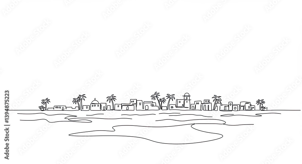 Fototapeta premium Simple line drawing of middle eastern town village with palm trees and water reflects traditional life, perfect backdrop illustration for biblical story and Bethlehem