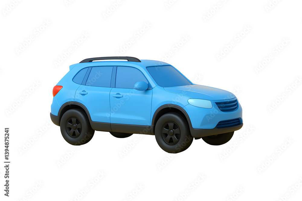 Obraz premium 3D blue SUV icon with tinted windows and black wheels on transparent PNG background, perfect for vehicle apps, travel designs, or modern transport concepts. 