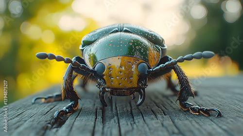 Obraz na płótnie Photography capturing a beetle crawling over a wooden surface, its metallic green exoskeleton shimmering in the sun’s rays. w salonie
