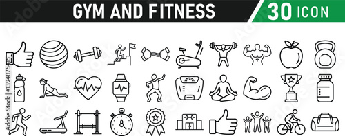Gym and fitness 30 icon set. Healthy lifestyle, weight training, body care, and workout or exercise equipment are icons. Icons vector collection.