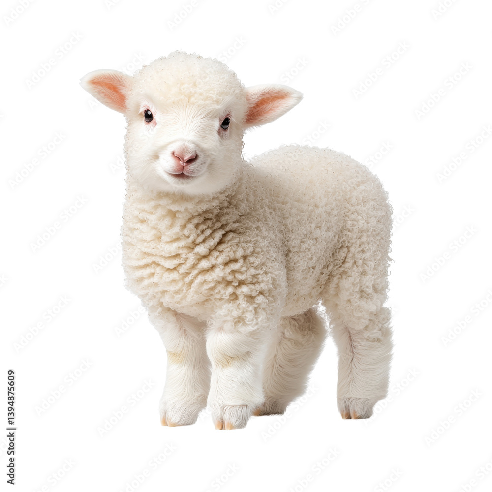 Fototapeta premium A young adorable white lamb with soft fluffy wool standing in a plain clean studio setting with a plain background