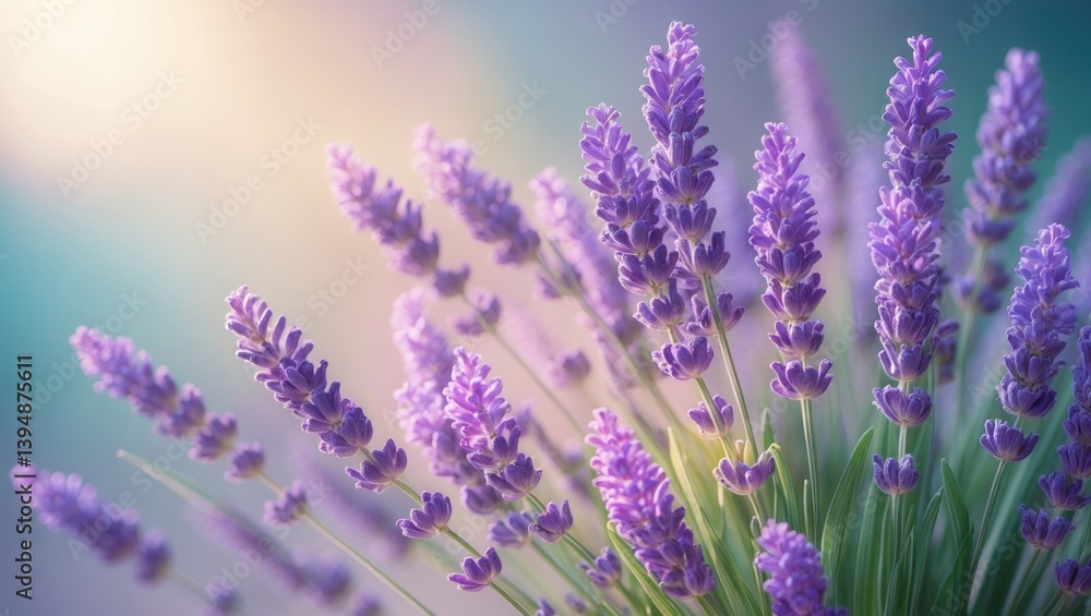 Fototapeta premium Intimate look at lavender flowers, Softly blurred banner background