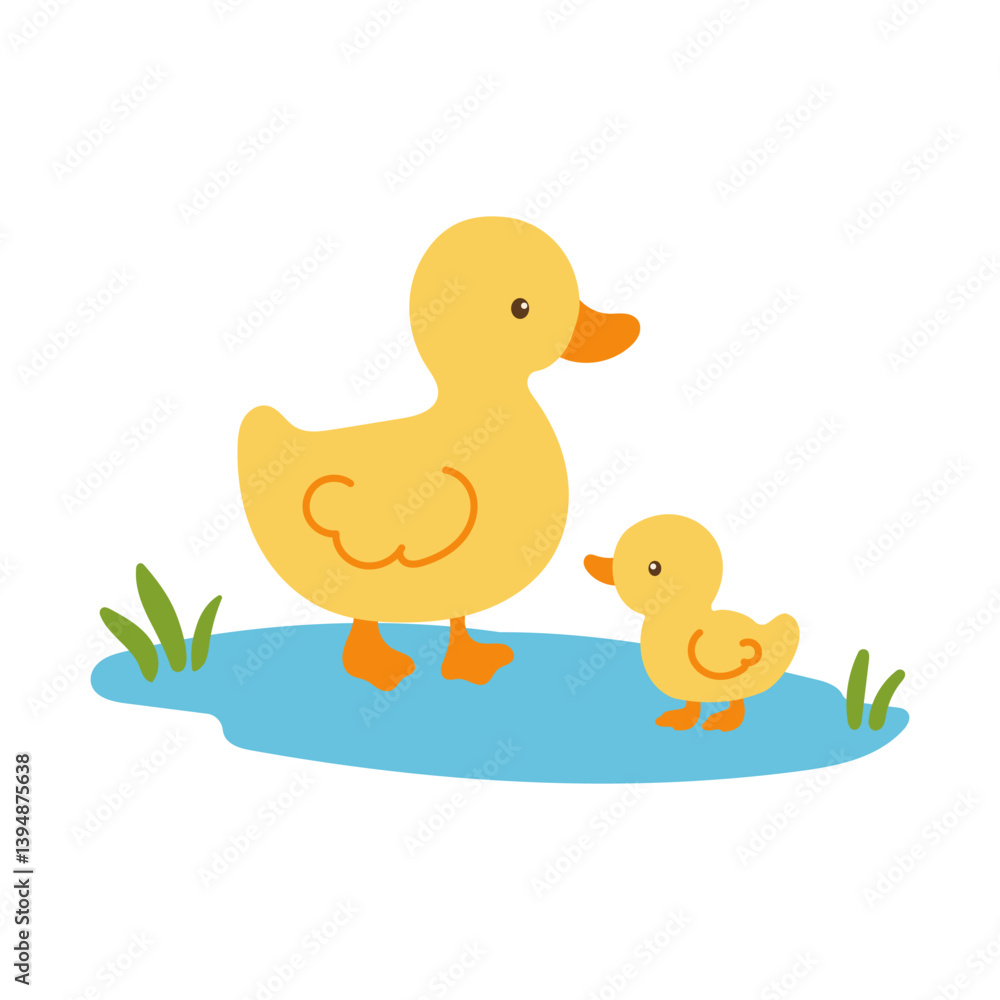 A mother duck and her baby duck are strolling together in a pond. The baby duck is closely following the mother duck, learning how to swim and navigate the water. The scene is peaceful and serene A mother duck and her baby duck are strolling together in a pond. The baby duck is closely following the mother duck, learning how to swim and navigate the water. The scene is peaceful and serene