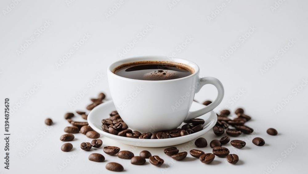Coffee cup accompanied by coffee beans against a white background. Coffee cup accompanied by coffee beans against a white background.