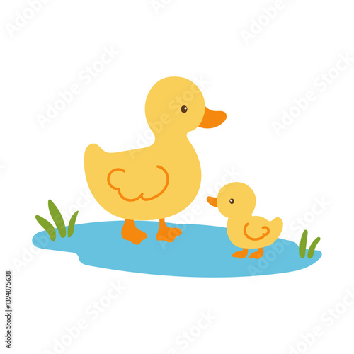 A mother duck and her baby duck are strolling together in a pond. The baby duck is closely following the mother duck, learning how to swim and navigate the water. The scene is peaceful and serene