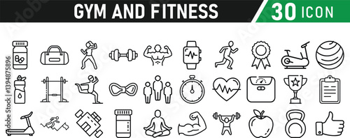 Gym and fitness 30 icon set. Healthy lifestyle, weight training, body care, and workout or exercise equipment are icons. Icons vector collection.