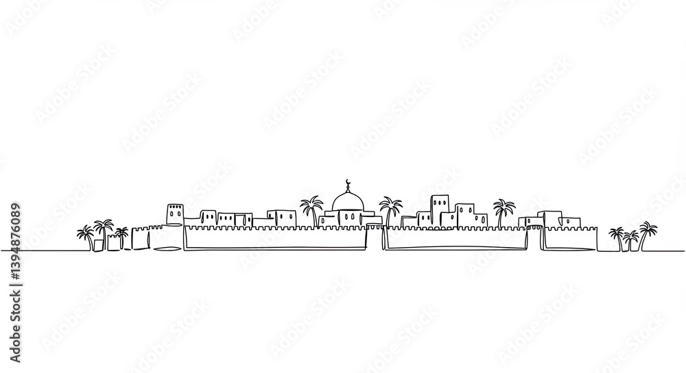 Fototapeta premium Jerusalem Skyline Illustration for travel guidebook featuring continuous line drawing of the old city walls, Middle East architecture and biblical theme