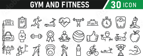 Gym and fitness 30 icon set. Healthy lifestyle, weight training, body care, and workout or exercise equipment are icons. Icons vector collection.