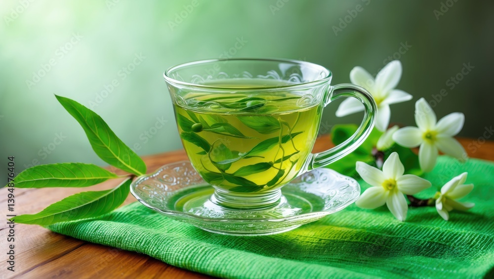 Green tea cup adorned with jasmine flowers resting on a wooden table against a green backdrop Green tea cup adorned with jasmine flowers resting on a wooden table against a green backdrop