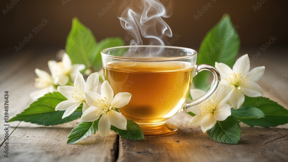 Fresh jasmine blossoms alongside a cup of jasmine tea on a wooden tabletop Fresh jasmine blossoms alongside a cup of jasmine tea on a wooden tabletop