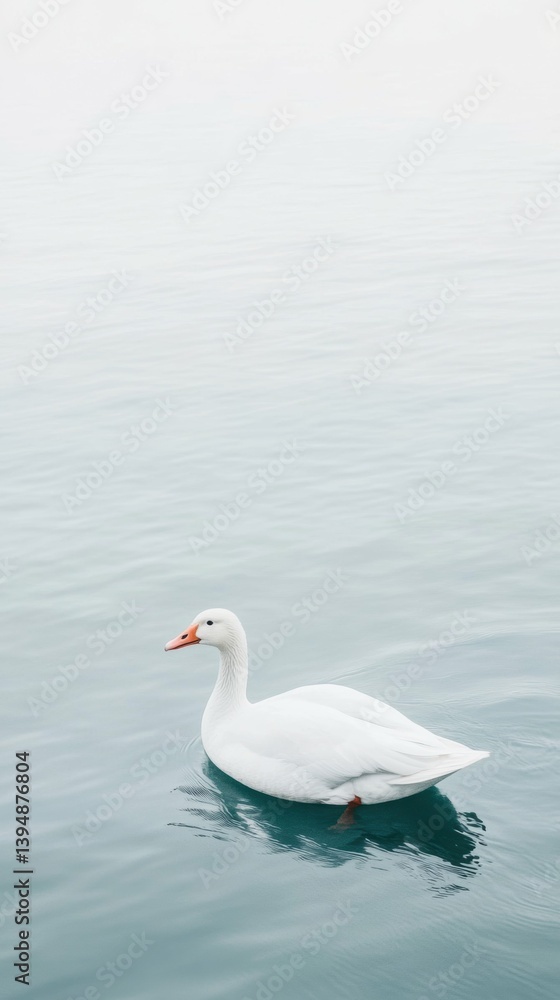 Obraz premium White goose gliding on calm blue water with tranquil horizon in minimalist scene