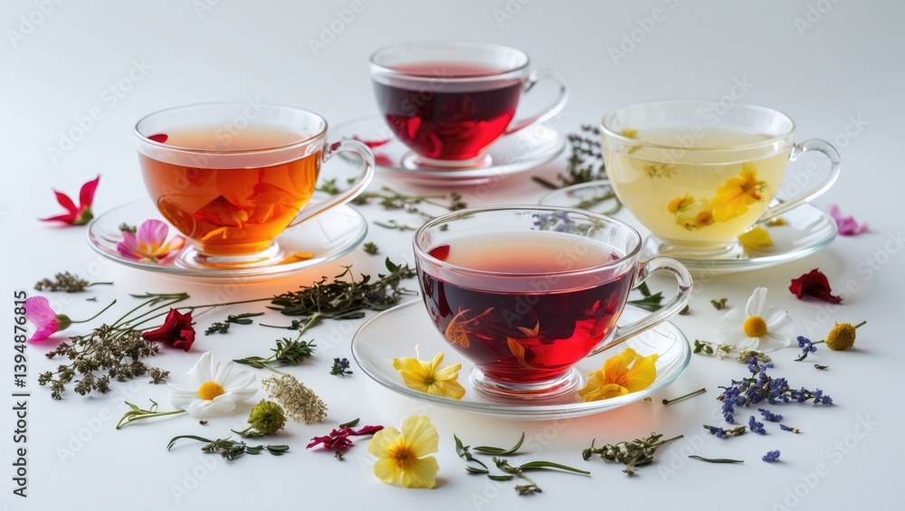 Artistic display of tea cups against a white surface. Flat lay. Food theme.