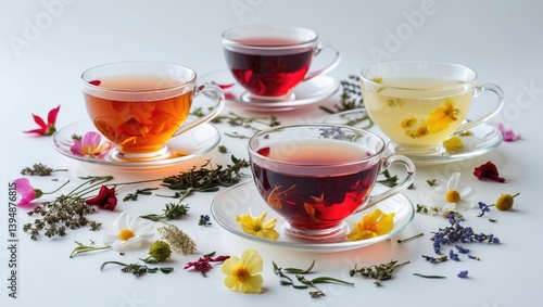 Obraz na płótnie Artistic display of tea cups against a white surface. Flat lay. Food theme. w salonie