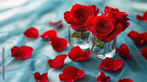 Romantic floral arrangement featuring deep red roses in simple glass containers, rose petals scattered on a soft blue canvas.