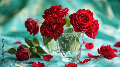 Romantic floral arrangement featuring deep red roses in simple glass containers, rose petals scattered on a soft blue canvas.