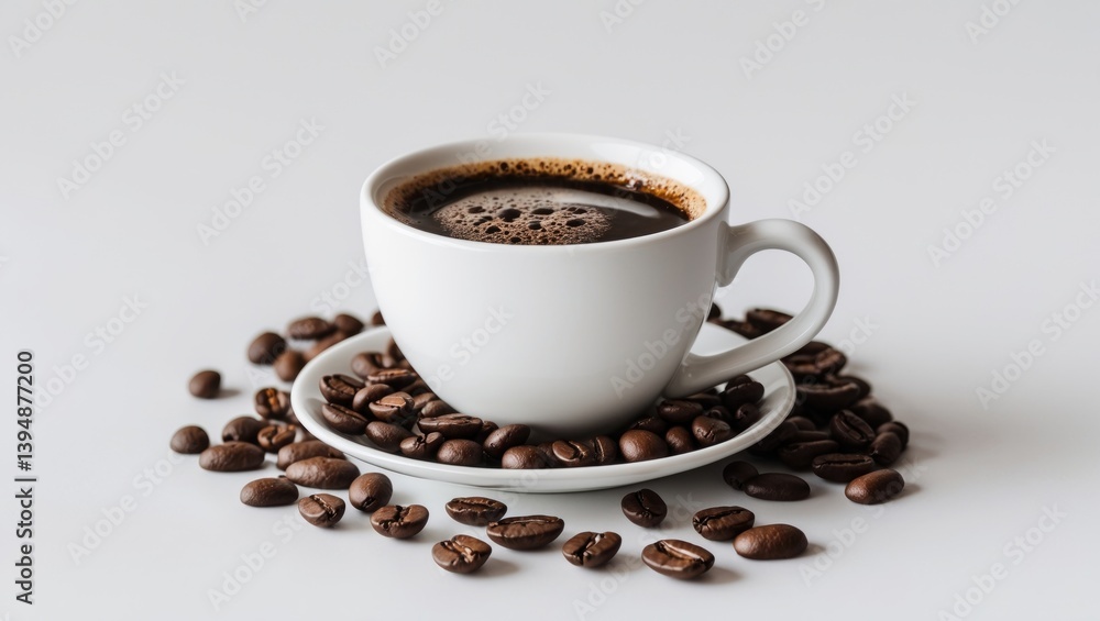 Fototapeta premium On a white surface, coffee beans and a coffee cup are displayed.