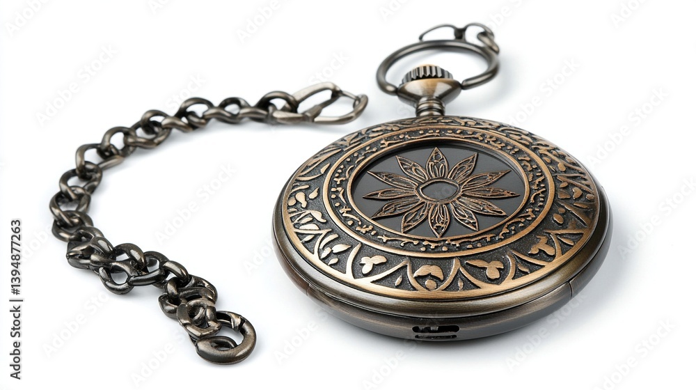 Antique pocket watch with chain, ornate design. Antique pocket watch with chain, ornate design.