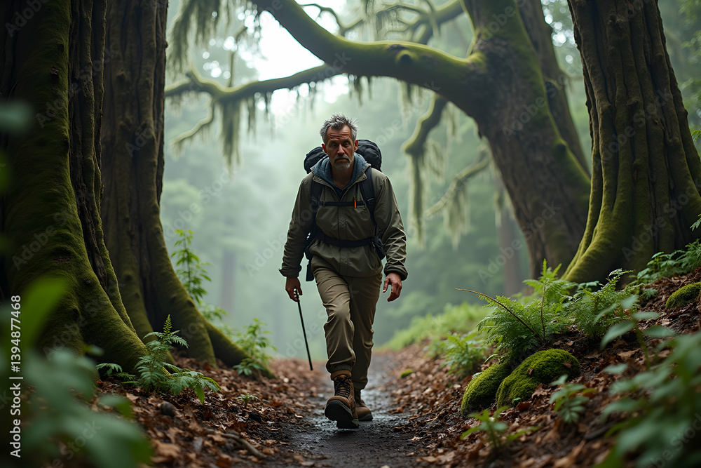 Obraz premium A solitary wanderer treks through an ancient woodland trail, his weathered face and worn attire telling tales of countless journeys amidst nature's serene embrace