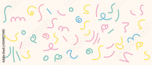 Background, Memphis geometric seamless pattern, multicolor retro 80s, 90s abstract background with different shapes: circles, dots, zigzags, spirals, wavy lines, bright orange and pink cute baby patte