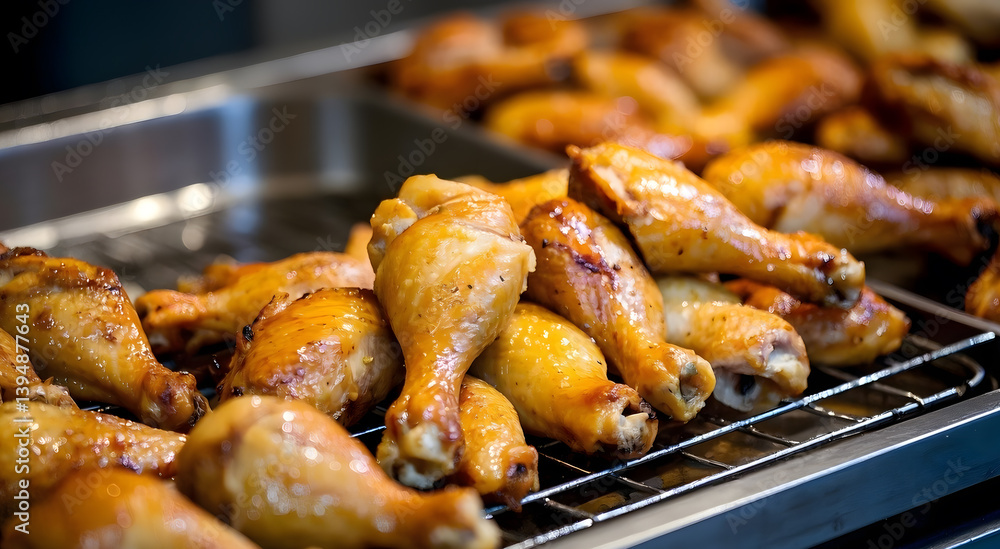 A grill chicken drumsticks and wings are display on a stainless steel tray. A grill chicken drumsticks and wings are display on a stainless steel tray.