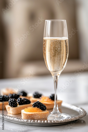A glass of pink champagne positioned on a metal tray, paired with delicate snacks caviar on toast and fresh berries.
