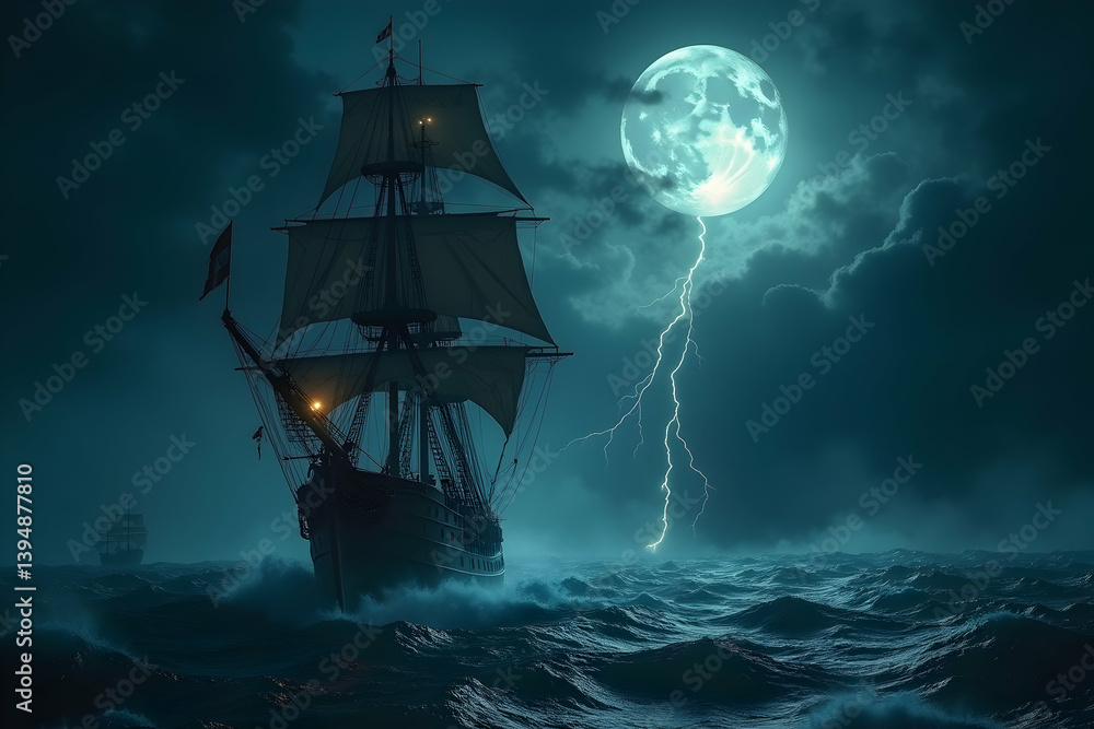 Fototapeta premium A spectral sailing vessel navigates a tempestuous sea under the eerie glow of a lightning-illuminated full moon showcasing maritime drama and nautical fantasy